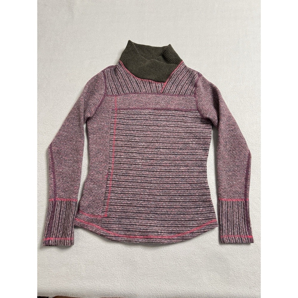 Prana Pink Heathered Cowl Neck Sweater with Olive Collar